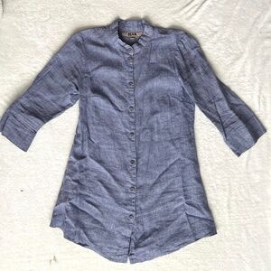 FLAX Women's Blue 3/4 Sleeve Linen Blouse, Button Front, Size S